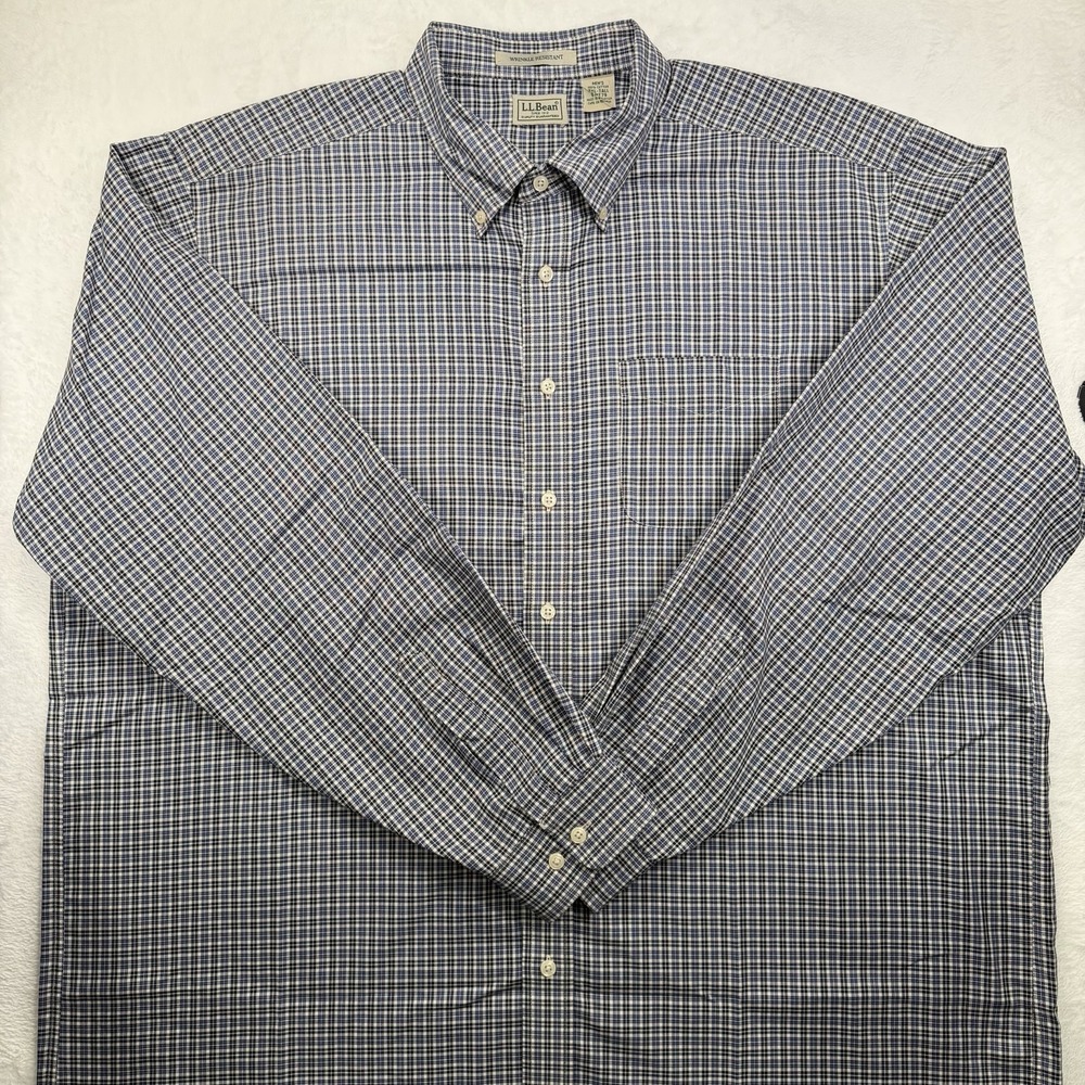 LL Bean Men's 2XLT Cotton Button Down Shirt Blue Plaid Long Sleeves 100% Cotton